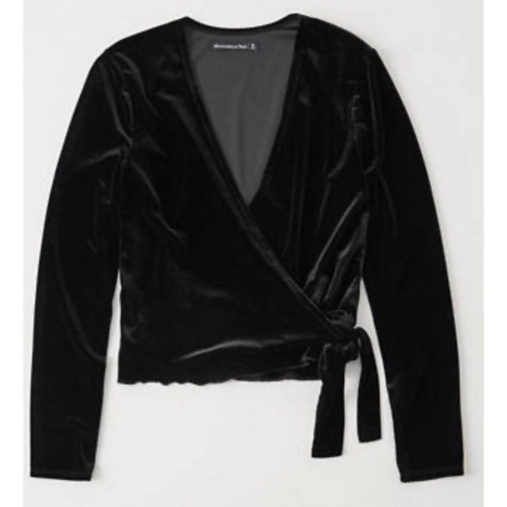 Abercrombie & Fitch Black Velvet Wrap‎ Tie Front Long Sleeve Top Women M Holiday